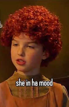 a young boy with red curly hair has the words she in a mood