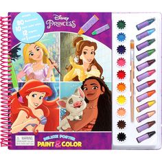 the disney princesses paint and color book is open to reveal various items in it