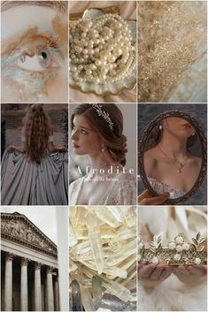 a collage of images with pearls and other things in them, including an image of a woman's face