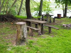 picnic tables and benches in the woods near water