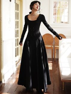 Velvet Black Dress Long, Full Dresses For Women, Long Sleeve Fancy Dress, Fitted A-line Maxi Dress For Fall, Astrologer Outfit, Fitted Long Sleeve Evening Maxi Dress, Fitted Long Sleeve Maxi Evening Dress, Long Sleeve Dresses With Fitted Bodice For Costume Party, Fitted Square Neck Winter Dress