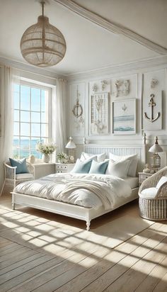 a bedroom with white walls and wood flooring is furnished with wicker furniture, an ocean - themed window seat, and large windows overlooking the water