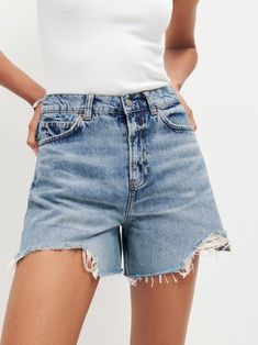 Let your legs say hello. Shop the Wilder High Rise Relaxed Jean Shorts from Reformation, a high rise 5 pocket relaxed jean short with a zipper fly. Tomorrow Land, Long Jean Shorts, Sustainable Denim, Look Festival, T Strap Flats, Stretch Denim Fabric, Essential Dress, Jean Short, Relaxed Jeans