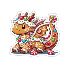 a sticker with an image of a dragon wearing candy canes on it's head