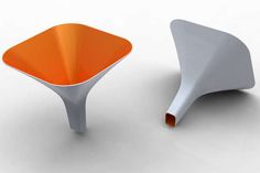 an orange and white vase sitting next to each other on top of a white table