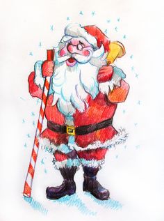 a drawing of santa holding a candy cane