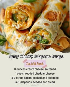 8 ounces cream cheese softened\n1 cup shredded cheddar cheese\nDissolve cheese in microwave or oven. Mix well. Add jalapeno for spice. Wrap in tortilla.\nFold and serve.\n#CheesyDelights #JalapenoWraps #SpicySnacks #EasyRecipe Shredded Cheddar Cheese, Best Appetizer Recipes, Recipes Appetizers And Snacks, Football Food, Finger Food Appetizers, Recipe Ingredients, Party Food Appetizers, Wrap Recipes, Best Appetizers