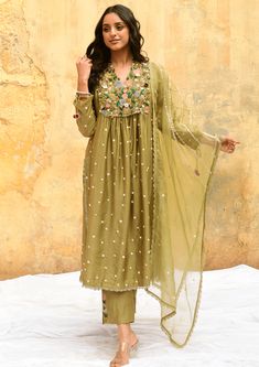 Niti Bothra-Olive Green Orchid Kurta And Pants-INDIASPOPUP.COM Niti Bothra, Kurta And Pants, Indian Kurti, Green Orchid, Embroidered Pants, Polka Dot Shirt, Organza Dupatta, Kurta With Pants, Silk Embroidery