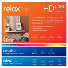 the back side of a bed with pillows and blankets on it, next to an advertisement for relax hd