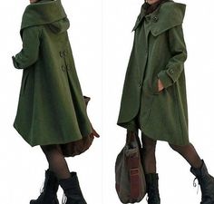 Green Cloak, Cape Women, Pretty Clothing, Wool Winter Coat, Hooded Cape, Wool Coat Women, Wool Overcoat