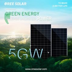 an advertisement for the 5gw solar power plant with trees and mountains in the background