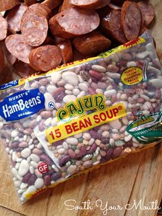 two bags of ham and beans on a wooden table