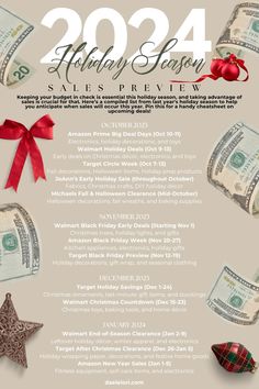 the holiday season sales flyer is shown with money and red bows on it, along with other items