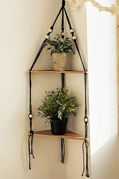 three tiered shelf with plants on it in the corner next to a white wall