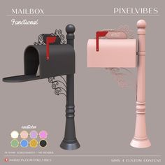 the mailbox is painted pink and black