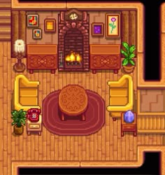 an overhead view of a living room with couches, tables and fireplace in it