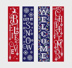 three cross stitch bookmarks with the words let it snow and merry