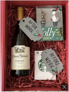 wine and coffee teacher gift box Holiday Care Package, Diy Christmas Gifts For Coworkers, Joululahjat Diy, Budget Friendly Christmas Gifts, Christmas Gift Baskets Diy, Christmas Gifts For Coworkers, Harry Potter Crafts, Navidad Diy, Work Gifts