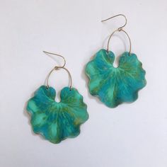 "Geranium Leaf Earrings from our eco conscious \"Awakening\" Collection. Handmade with Vintage and Recycled Brass. Statement and lightweight. Color: Green ( other colors are listed separately, if available) Brass. 14K Gold Over Sterling Silver Ear Wires ( hypo allergenic). Approx. measurements: 3.1\"L ( including the hook) x 2\"W. Handmade in Philadelphia." Handmade Artistic Green Earrings, Green Botanical Drop Earrings Jewelry, Handmade Leaf-shaped Botanical Jewelry, Unique Green Hoop Earrings, Artsy Green Patina Jewelry, Green Artisan Pierced Earrings, Handmade Leaf-shaped Botanical Earrings, Handmade Leaf-shaped Nature-inspired Earrings, Handmade Botanical Drop Earrings