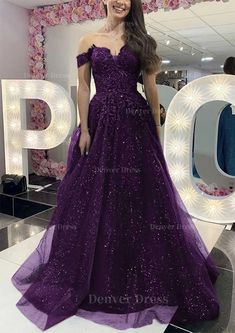 A Line Off The Shoulder Regular Straps Long Floor Length Tulle Prom Dress Outfits For Women With Appliqued Glitter Purple Off-shoulder Prom Dress, Purple Off-shoulder Prom Evening Dress, Purple Off-shoulder Evening Dress, Purple Off-shoulder Evening Dress For Gala, Purple Off-shoulder Gown For Party, Glitter Outfit, Navy Prom Dresses, Sweep Train Prom Dress, Dark Red Dresses