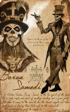 an old paper with two skeletons dressed up as pirates and one wearing a top hat