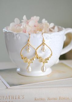 Gold Bridal Earrings Swarovski Teardrop Cream White by LeChaim Delicate Gold Earrings For Bridal Shower, Elegant Gold Earrings For Bridal Shower, Cream Pearl Drop Earrings For Wedding, Gold Pearl Charm Earrings For Wedding, Cream Dangle Jewelry For Wedding, Gold Earrings For Bridal Shower, Gold Delicate Pearl Earrings For Bridesmaid, Gold Pearl Chandelier Earrings Delicate Style, Delicate Gold Pearl Chandelier Earrings