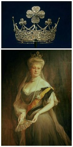 two pictures of the same tiara, one in gold and one in silver with an image of queen elizabeth