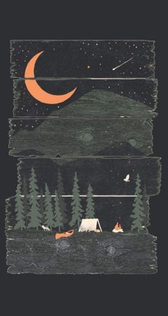 an image of a night scene with tents and trees in the foreground, and a full moon above it