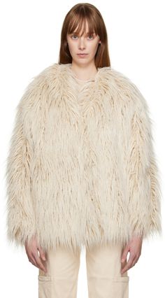 Faux-fur jacket. · Shawl collar · Hook-eye fastening at front · Welt pockets · Full satin lining Supplier color: Cream Faux Fur Jacket Outfit, Fur Jacket Outfit, White Faux Fur Jacket, White Fur Coat, Plaid Wool Coat, Hooded Rain Jacket, Leopard Print Jacket, Suede Fringe Jacket, Faux Fur Vests