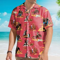 This custom Hawaiian shirt is a great gift idea, as well as a loose and comfy outfit that will keep you cool during the hot summer months. Coming up with a surprise for your loved ones is up to you. This present is appropriate for any occasion, and the receivers will surely love it! Product details: Material: Polyester fabric Feature: Featuring a spread collar, printed pattern all over the shirt, a front button fastening, short sleeves and a relaxed shape. The design is printed with new age printing technology, direct garment. It is printed with a water-soluble and eco-friendly ink. It is cured with a heat treatment process to ensure the color-fastness and lasting durability of the design. Care instruction: Machine wash cold with similar colors. Do not bleach, tumble dry low, do not iron, Summer Leisure Short Sleeve Tops, Short Sleeve Tops For Summer Leisure, Summer Short Sleeve Leisure Tops, Leisure Short Sleeve Summer Tops, Red Graphic Print Camp Shirt For Summer, Relaxed Fit All Over Print Top For Beach Season, Red Graphic Print Shirt For Vacation, Red Camp Shirt With Graphic Print For Vacation, Red Relaxed Fit Shirt For Summer