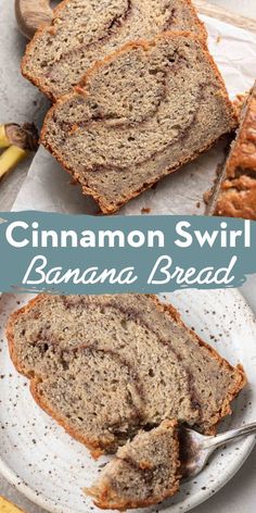 cinnamon swirl banana bread on a white plate