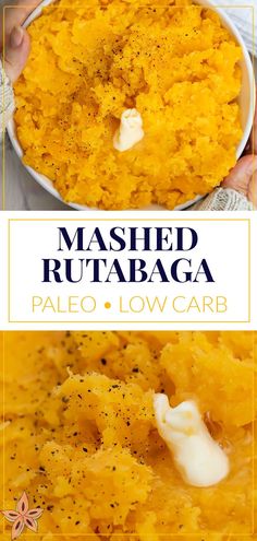 mashed rutabaga in a white bowl with text overlay