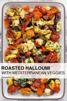 roasted halloui with mediterranean veggies in a white dish