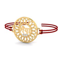 "A rakhi (bracelet made of thread, having a solid gold pendant in the center to which the thread is tied) that is made of 18K gold with diamonds. A Bhai , Motif styled real gold rakhi for your \"bhaiya\" to make this Raksha Bandhan super special for him. It's not just about the gold rakhi, but the whole package that he receives. The rakhi comes inside a posh gift box that completely elevates the gifting experience for both of you . Satin threads are provided on either side and it comes in a beau 22k Gold Jewelry For Navratri Gift, Spiritual Yellow Gold Bracelet, Bracelet Jewelry As Navratri Gift, Bracelet Jewelry Gift For Navratri, Bangle Bracelets As Diwali Gifts, Round Bracelets Gift For Diwali, Diwali Gift Bracelets, Temple Jewelry Bracelets As Festival Gifts, Adjustable Temple Jewelry Bracelets For Puja