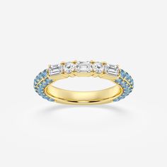 1 7/8 ctw Emerald & Round Lab Grown Diamond Rollover Fashion Band with Fancy Blue Side Stones 14K Yellow Gold FG, VS2+ Pearl And Diamond Earrings, Solitaire Pendant, Pearl Diamond, Eternity Band, Eternity Bands, Bling Bling, Blue Topaz, Lab Grown, Colored Diamonds