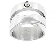 Sophisticated Steel® stainless steel with white diamond simulant accent split band ring. Ring measures approximately 5/8 of an inch in width and is not sizeable. Modern Stainless Steel Ring For Formal Occasions, Modern Diamond White Stackable Rings, Modern Stainless Steel Ring For Formal Events, Modern Channel Set Stackable Rings, Modern Stainless Steel Wedding Rings, Diamond Simulant, Ring Ring, High Quality Jewelry, White Diamond