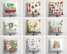 twelve christmas pillows with different designs on them