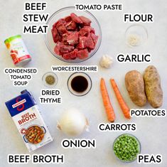 the ingredients needed to make beef stew are displayed on a white surface with black and white lettering