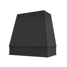 an image of a black stove hood on a white background with the top facing up