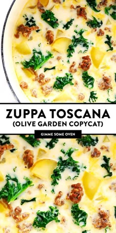 two pictures of zuppa toscana with cheese and spinach in a pan