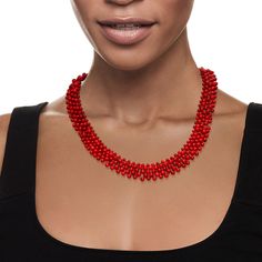 Ross-Simons - 3-5mm Red Coral Bead Collar Necklace in Sterling Silver. 18". Nearly three hundred and fifty bright 3-5mm round red coral beads make up this chic, vivid collar necklace design. Perfect for feeling the summer glow all year long, the bold and cheerful hue will have you looking and feeling fabulous! Includes a 3" extender. Lobster clasp, red coral bead collar necklace. Elegant Multi-strand Red Coral Beaded Necklaces, Adjustable Hand-strung Red Coral Beaded Necklaces, Multi-strand Red Coral Beaded Necklaces, Luxury Hand-strung Red Coral Beaded Necklaces, Multi-strand Red Coral Necklace, Beaded Collar Necklace, Beaded Collar, Summer Glow, Coral Beads