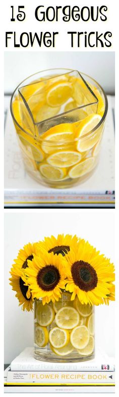 two pictures with flowers and lemons in them, one is filled with water and the other has sliced lemons