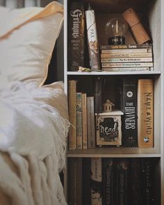 a book shelf filled with books next to a white pillow and throw pillow on top of a bed