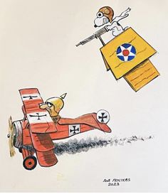 a drawing of an airplane with a dog on top and another plane flying above it