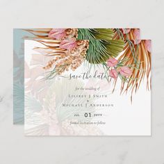 save the date card with tropical flowers and palm leaves on an orange marble slab background