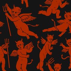 an orange and black background with devil images