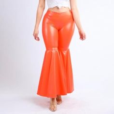 Flare Leg Pants Orange Fitted Flare Leather Pants For Party, Trendy High-waisted Leather Pants For Spring, Spring Flare Leather Pants, Trendy High Waist Leather Pants For Spring, Non-stretch Wide Leg Leather Pants For Spring, Spring Party Wide Leg Pants Fitted, Trendy Stretch Leather Pants For Spring, Fitted Wide Leg Pants For Spring Party, Spring Party Fitted Wide Leg Pants