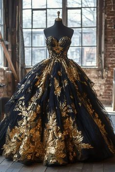 Black And Gold Fantasy Dress, Dresses For A Ball, Prom Dresses Black And Gold, Black Gold Wedding Dress, Black And Gold Quinceanera Dresses, Black And Gold Wedding Dress, Unique Ball Gowns, Fantasy Ball Gowns, Black And Gold Ball Gown