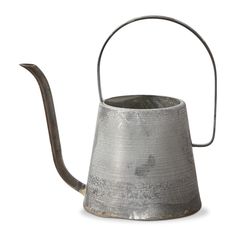 an old metal watering can with a long handle on it's side, isolated against a white background