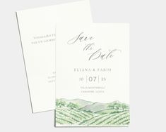 two wedding cards with the words save the date written in cursive writing on them